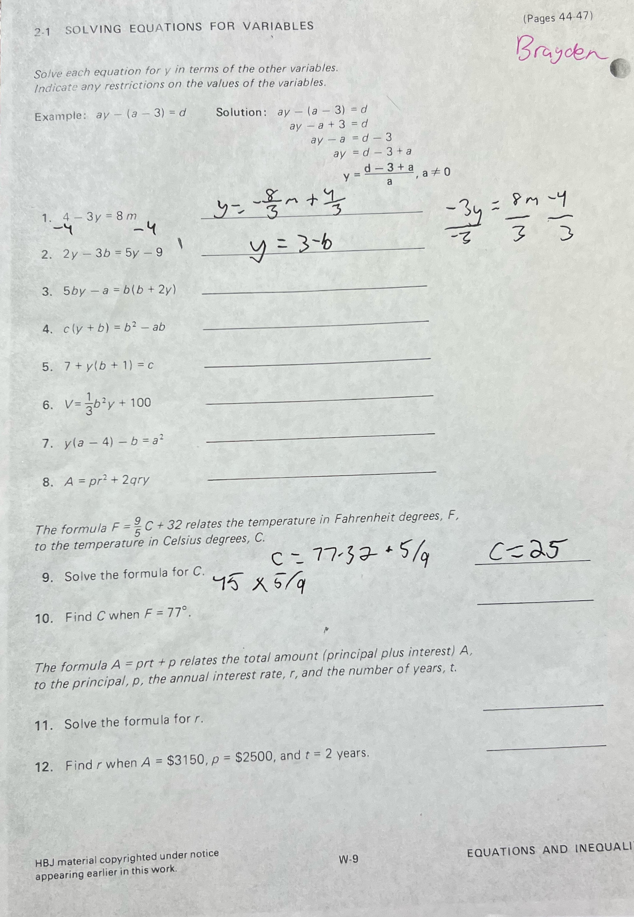 2-1 SOLVING EQUATIONS FOR VARIABLES (Pages 44-47) Solve each equation for