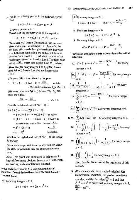  5.2 MATHEMATICAL INDUCTION E PROVING FORMULAS 287 5. Fill in the