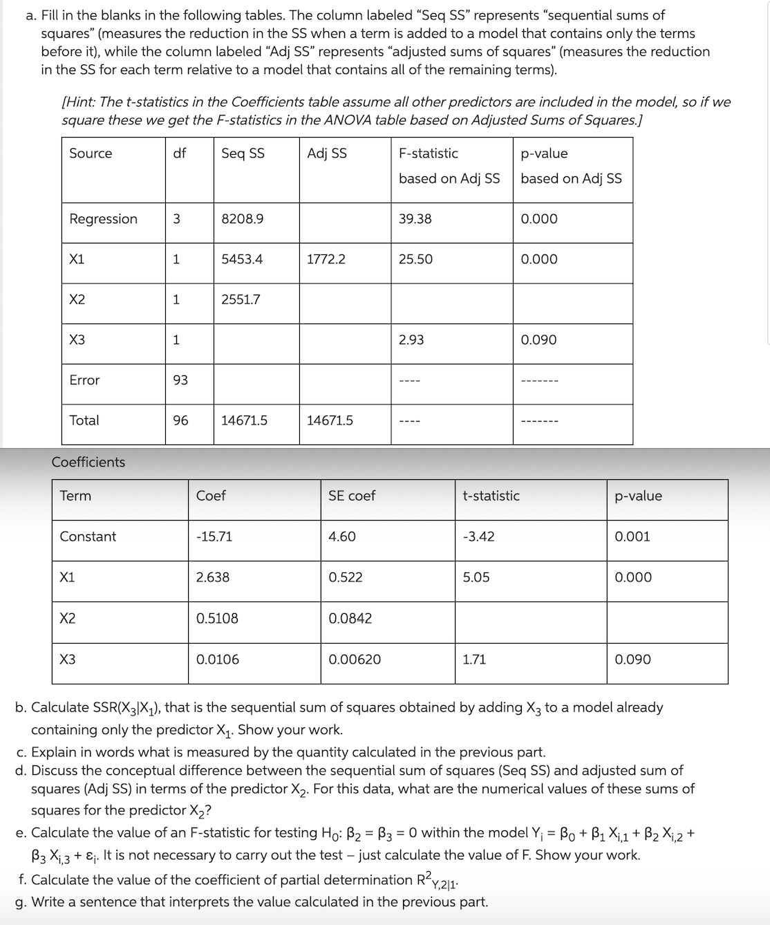 Question about regression. a. Fill in the blanks in the following tables.