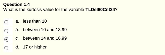 Question 1.4 What is the kurtosis value for the variable TLDel60Cnt24?