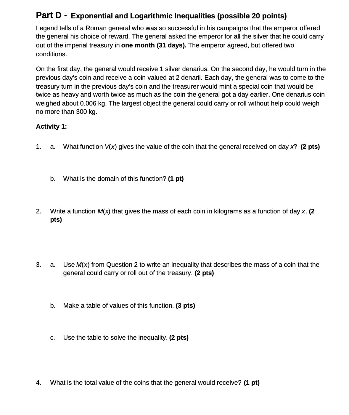  Part D - Exponential and Logarithmic Inequalities (possible 20 points) Legend