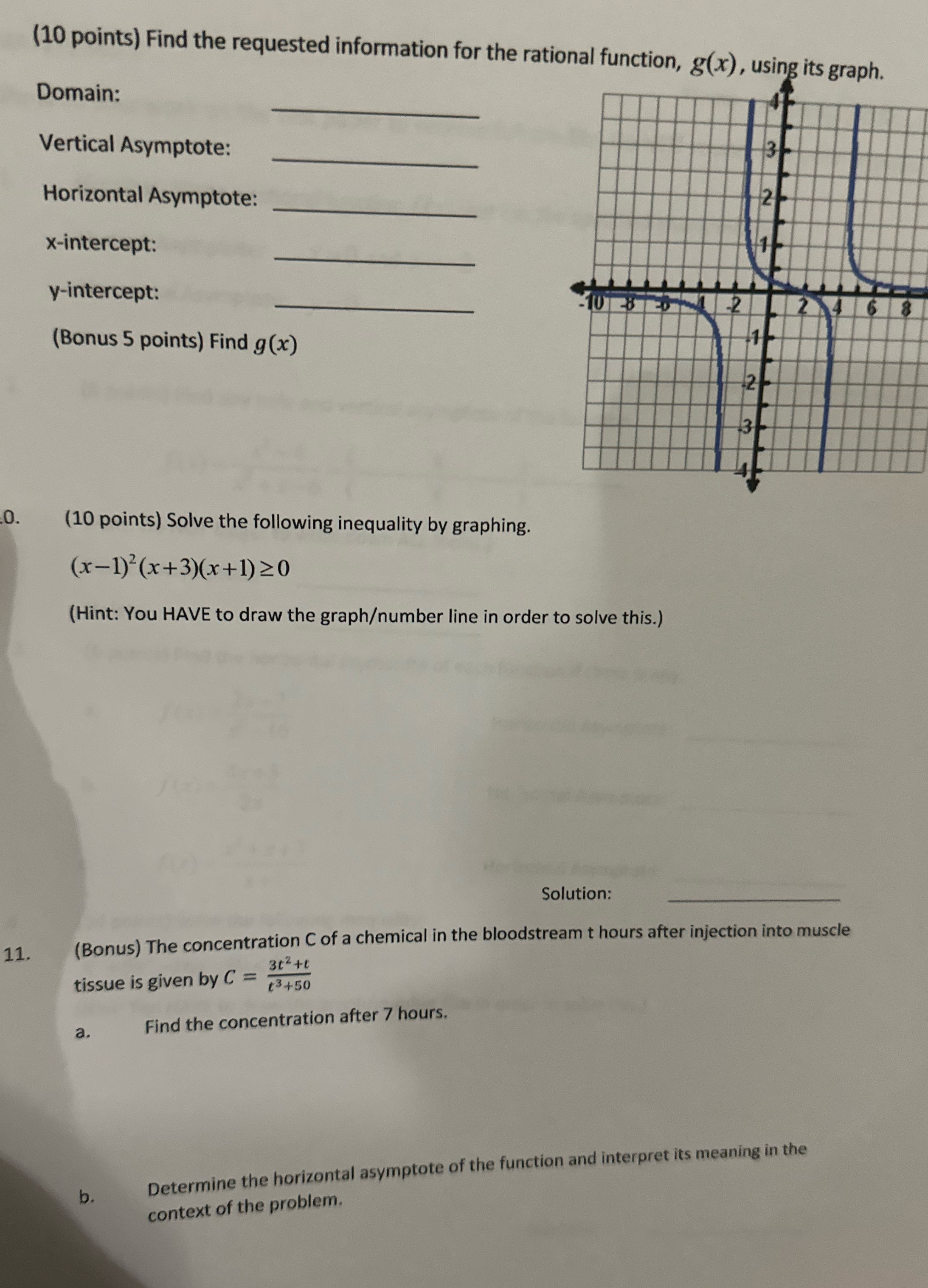  (10 points) Find the requested information for the rational function, g(x)