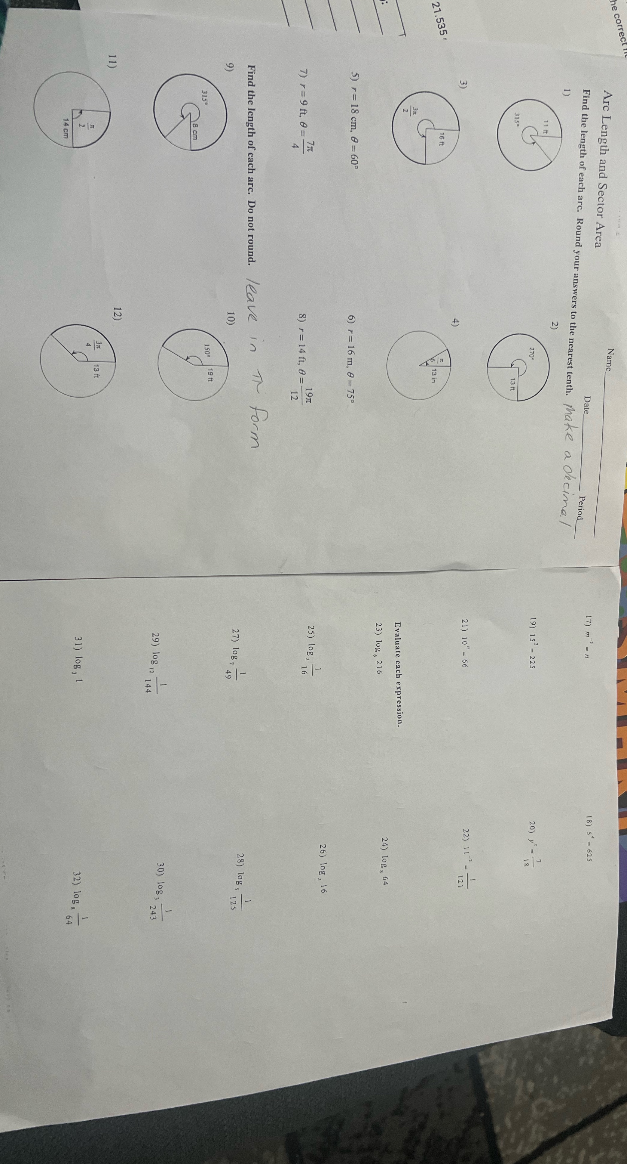 page 1- arc length and sector areapage 2- practice converting from logarithm