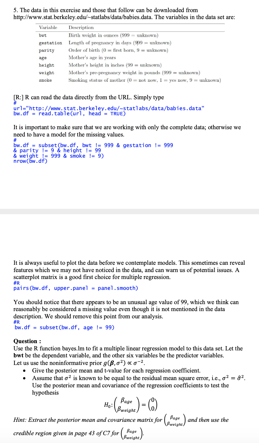 5. The data in this exercise and those that follow can