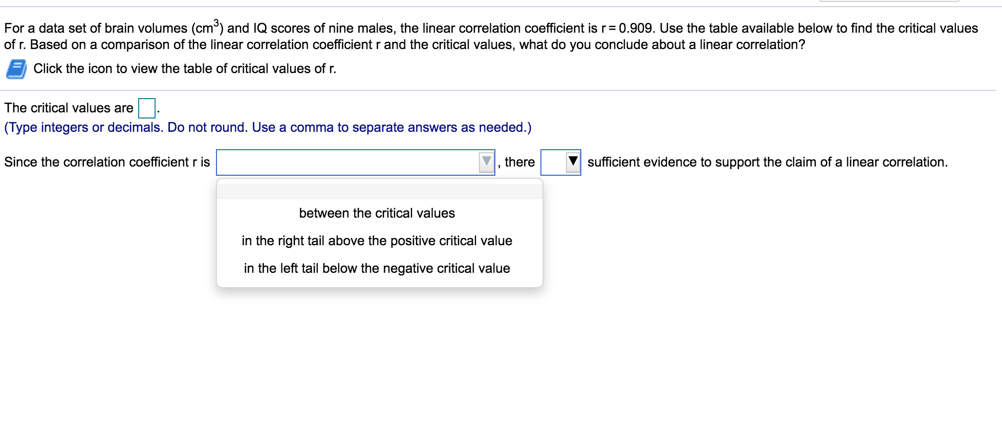 values, what do you conclude about a linear correlation? Click the icon