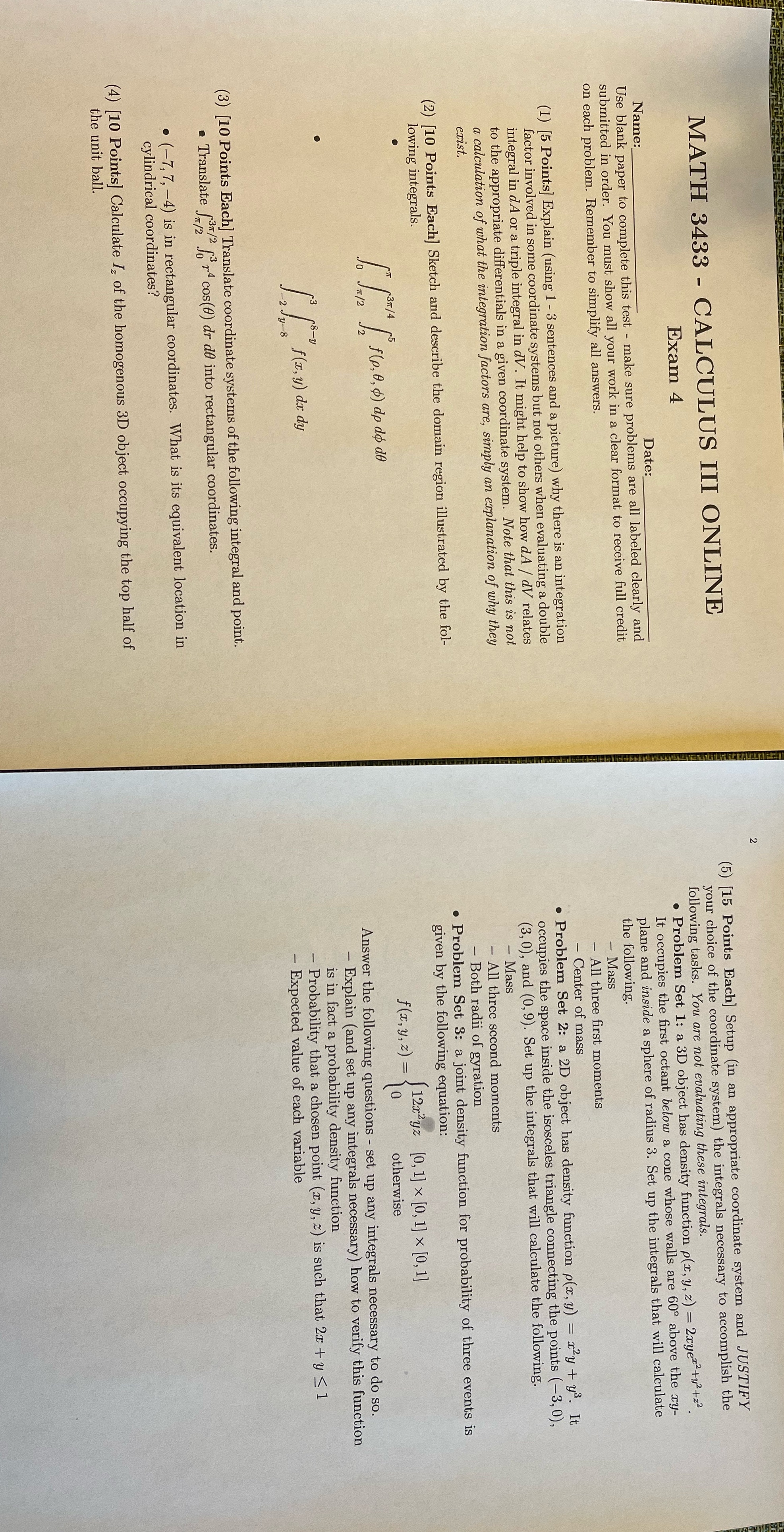 Test review MATH 3433 - CALCULUS III ONLINE (5) [15 Points Each]