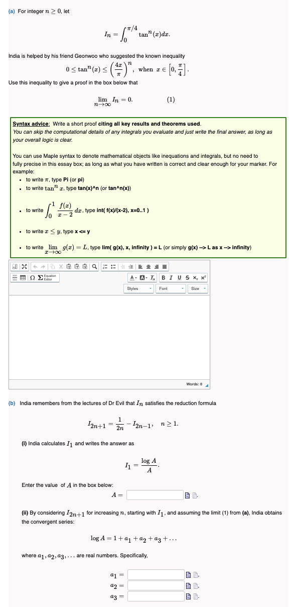 (a) For integer n 2 0, let In = tan" (r)dr.