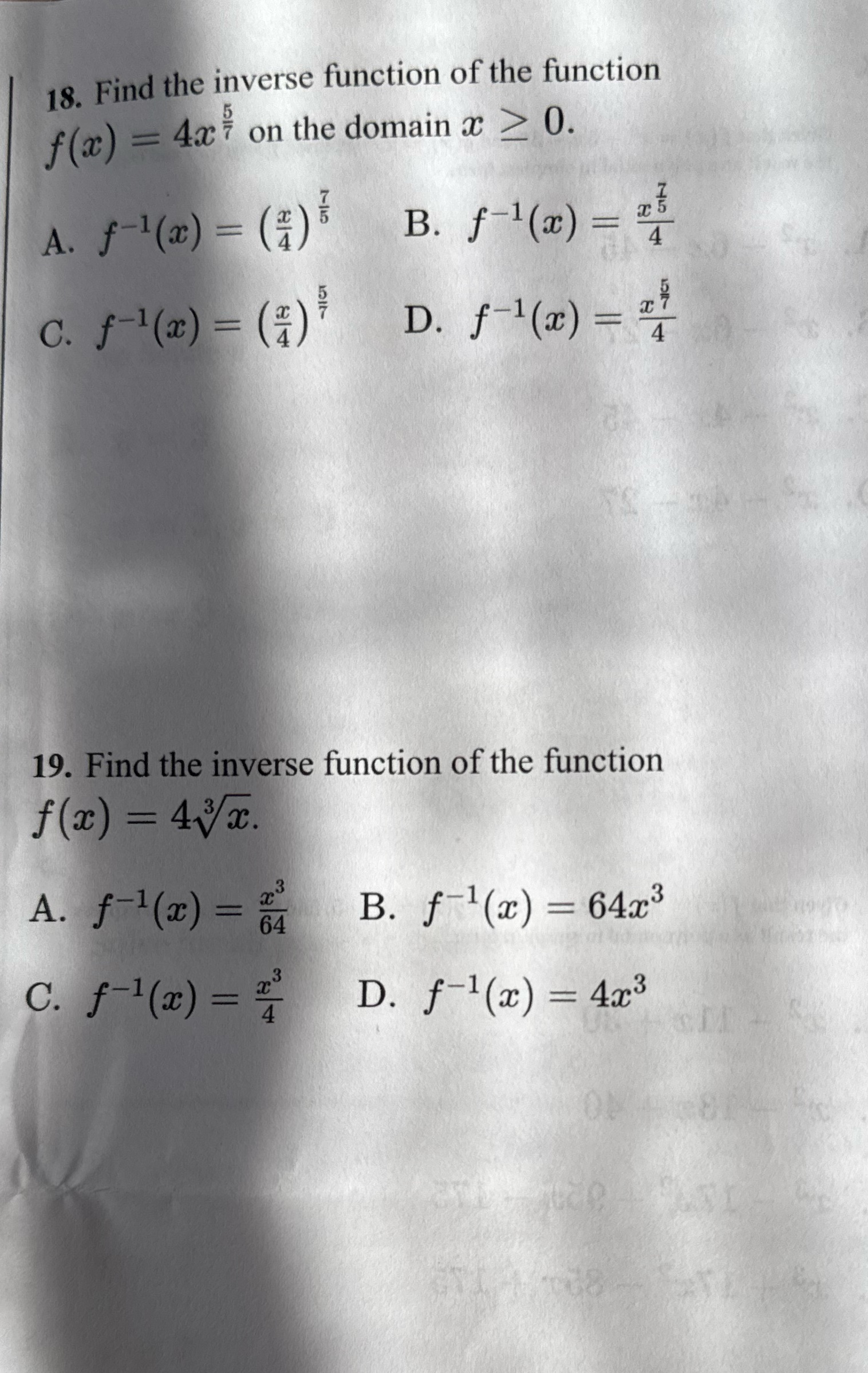 18. Find the inverse function of the function f(ac) = 4x
