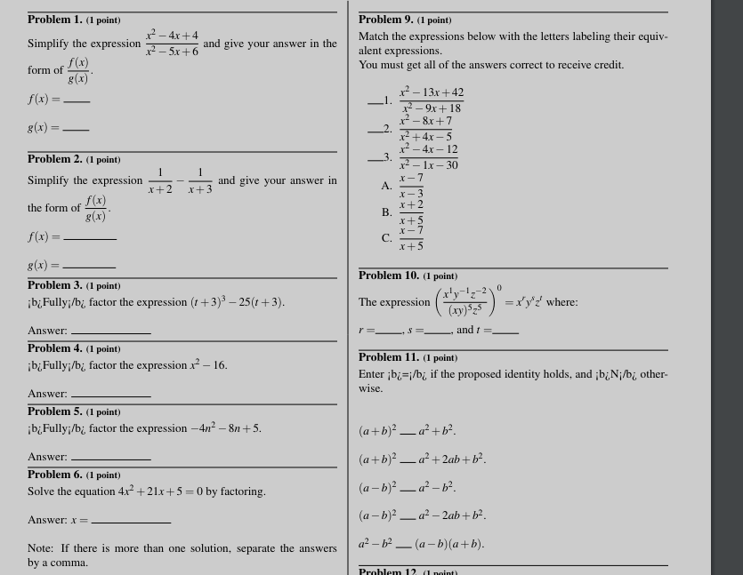  Problem 1. (1 point) Problem 9. (1 point) X- - 4x+4