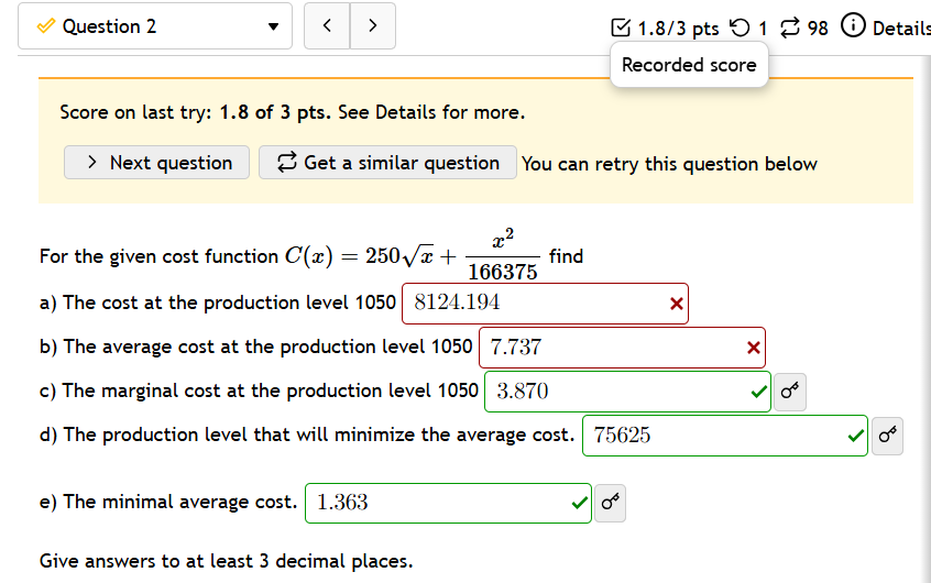 production level 1050 | b) The average cost at the production level