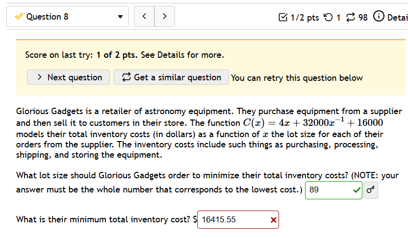 1050 ' ) The marginal cost at the production level 1050' d)