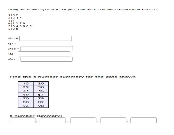  Using the following stem & leaf plot, find the five number