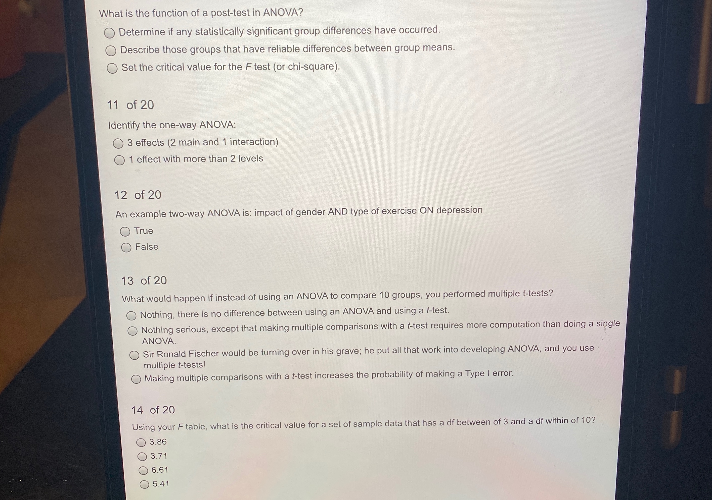 Answer all please What is the function of a posttest in ANOVA?
