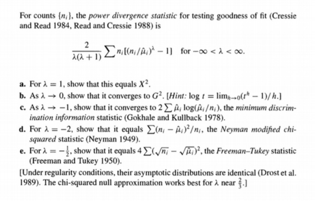 For counts {n; ). the power divergence statistic for testing goodness