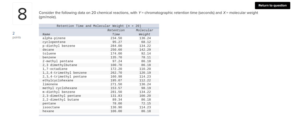 Answer A and B Return to question 8 Consider the following data