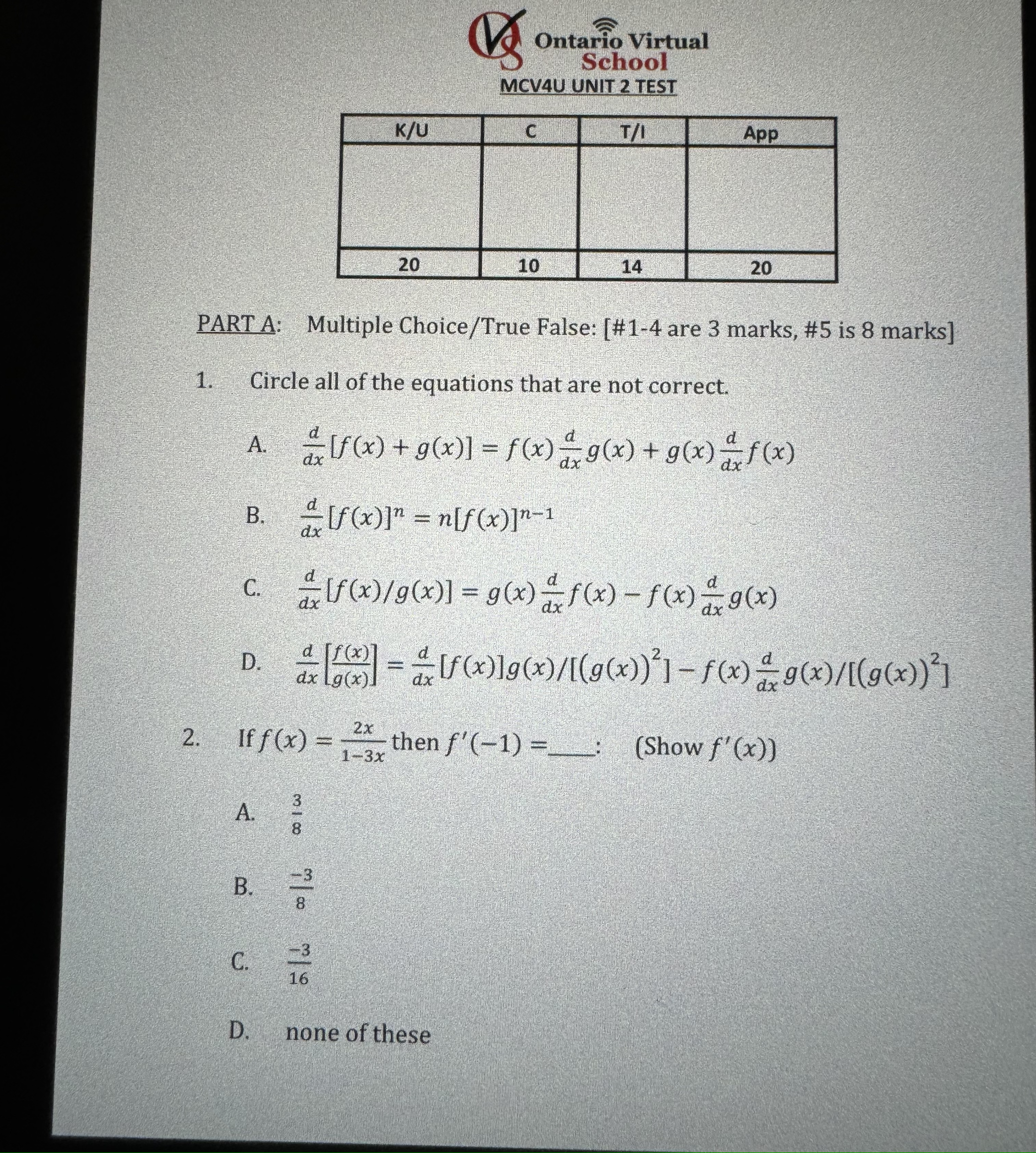 Ontario Virtual School MCV4U UNIT 2 TEST K /U C T/I