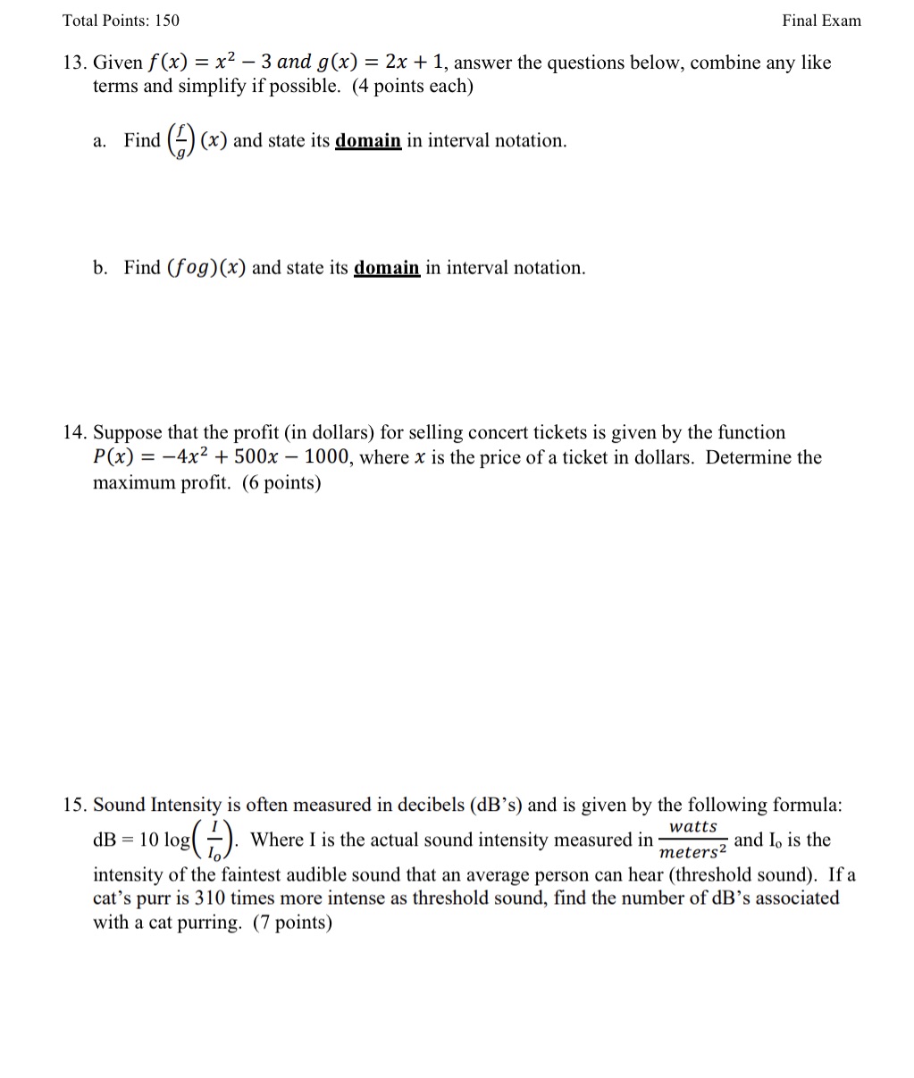  Total Points: 150 Final Exam [3. Given f(x) = 3r2 3