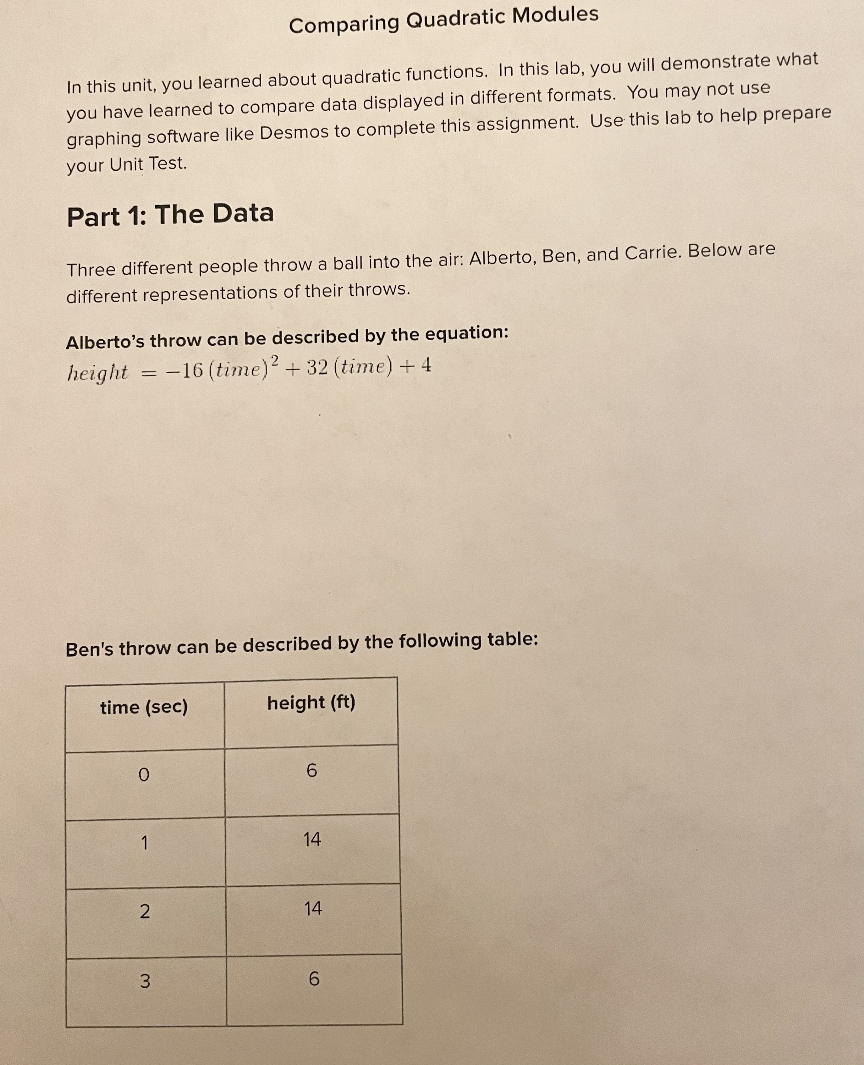 Comparing Quadratic Modules In this unit, you learned about quadratic functions.