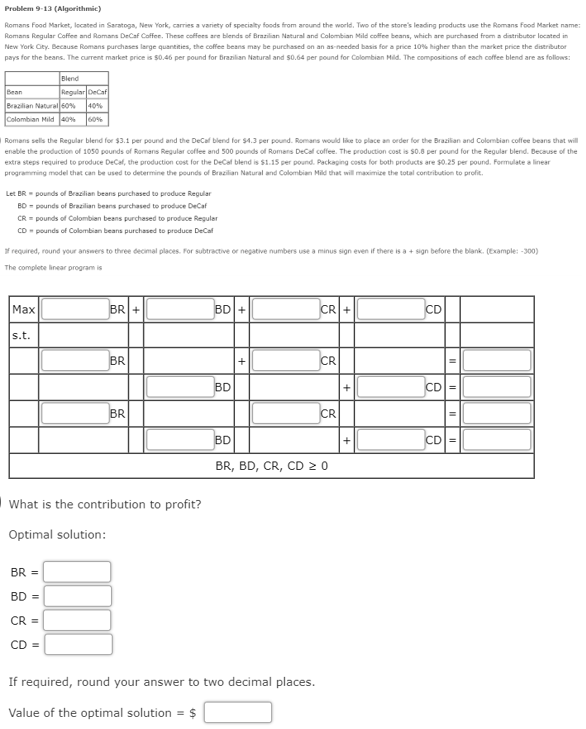 Please assist with the question. Problem 9-13 (Algorithmic) Romans Food Market, located