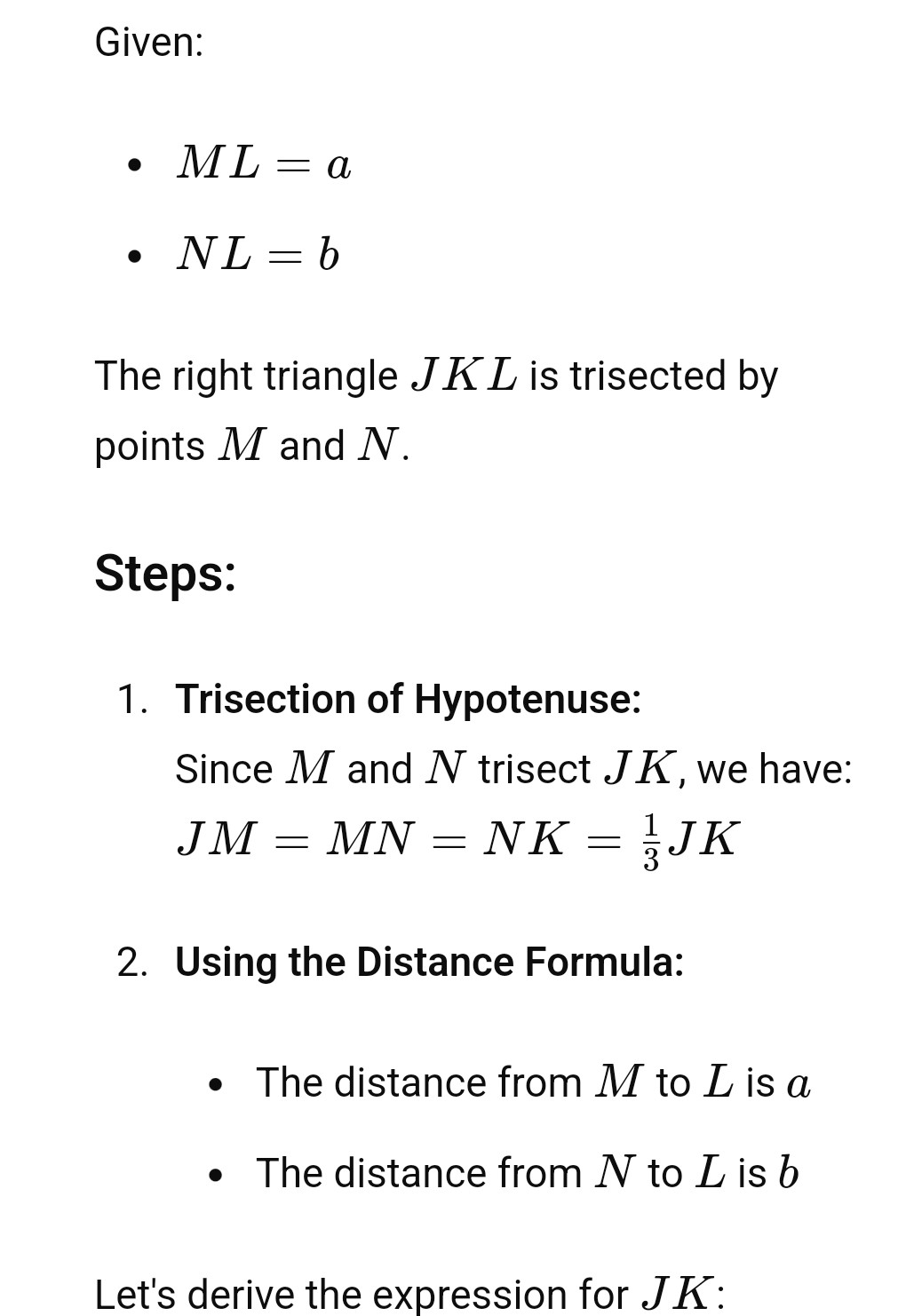 In the right triangle JKL, the points M and N trisect the