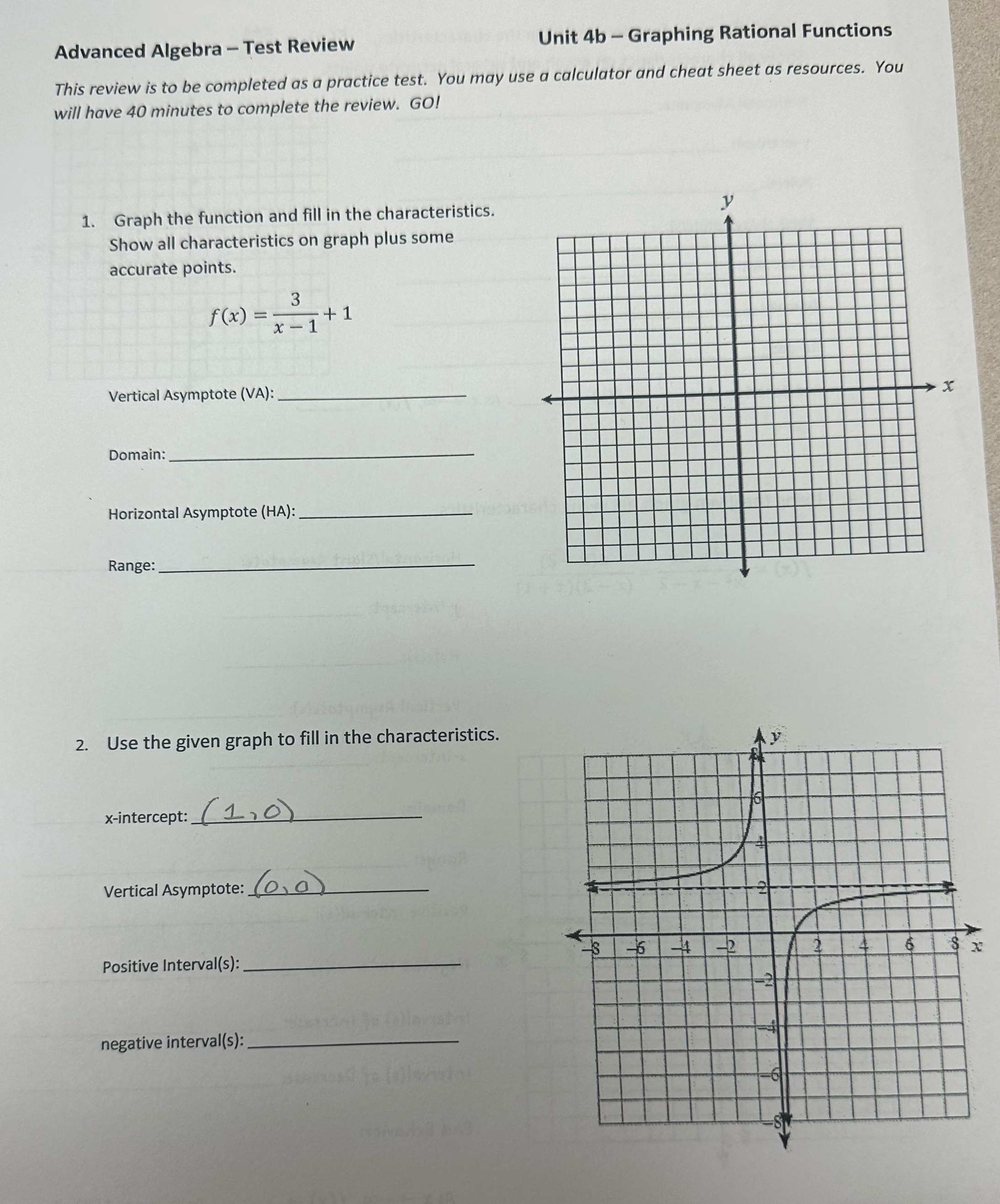 Advanced Algebra - Test Review Unit 4b - Graphing Rational Functions