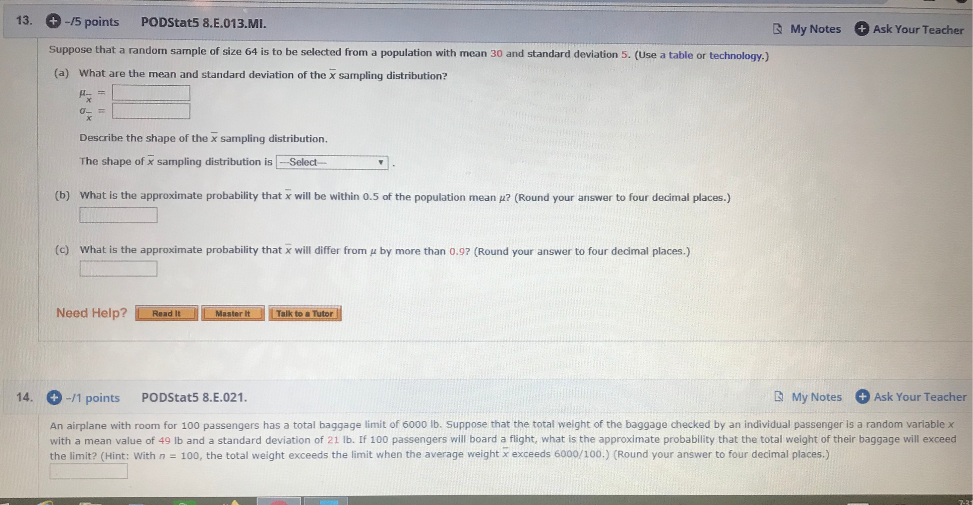  13. + -/5 points PODStat5 8.E.013.MI. My Notes + Ask Your
