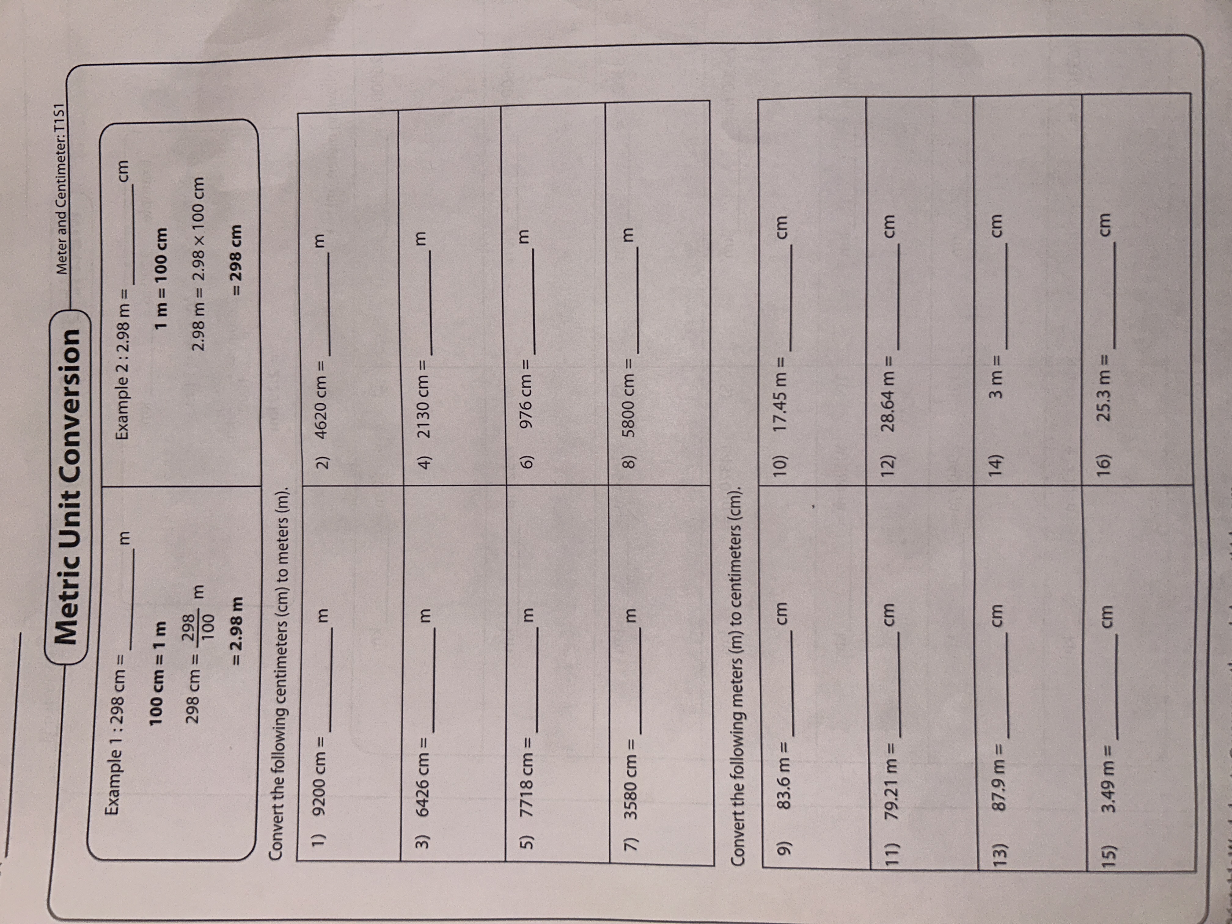 Metric Unit Conversion Meter and Centimeter: T151 Example 1 : 298