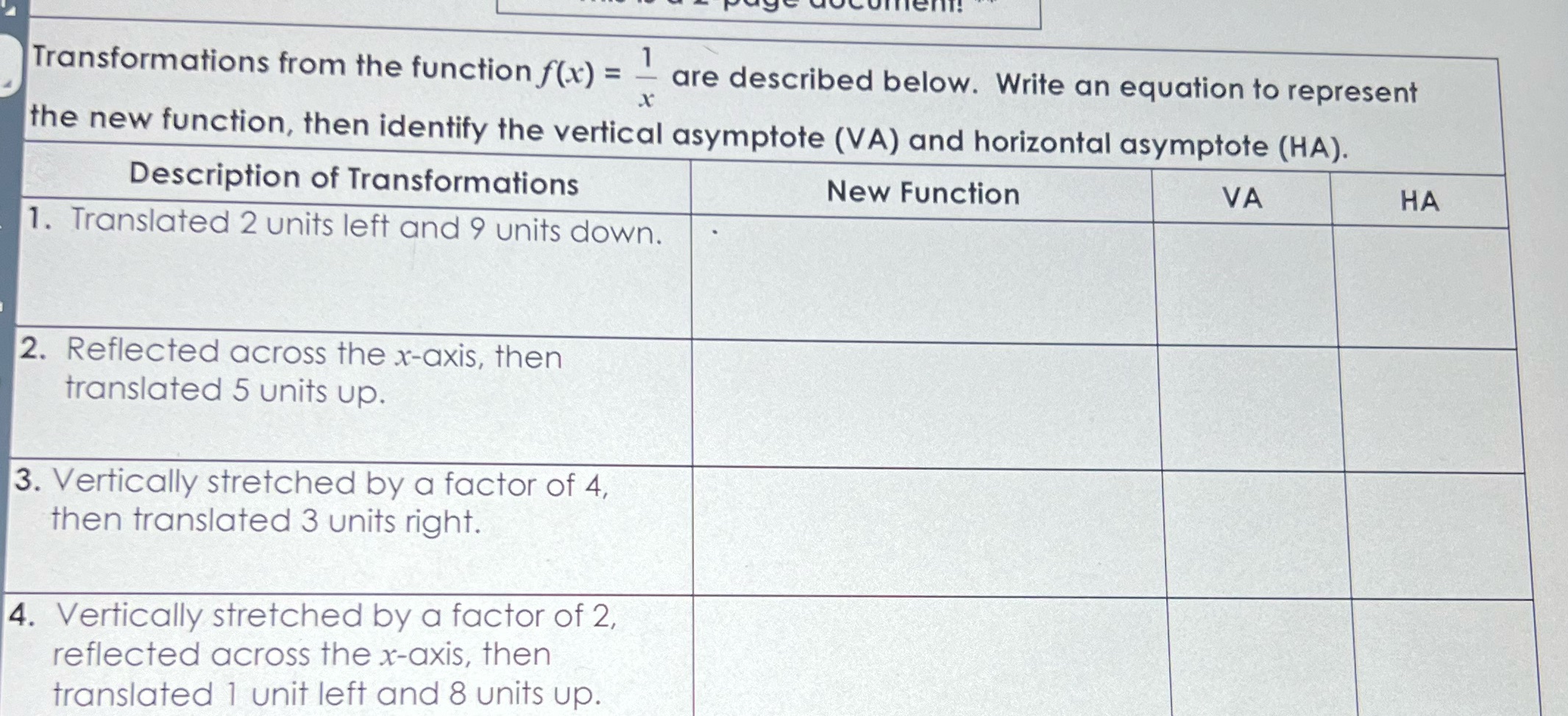  Transformations from the function f(x) = - are described below. Write