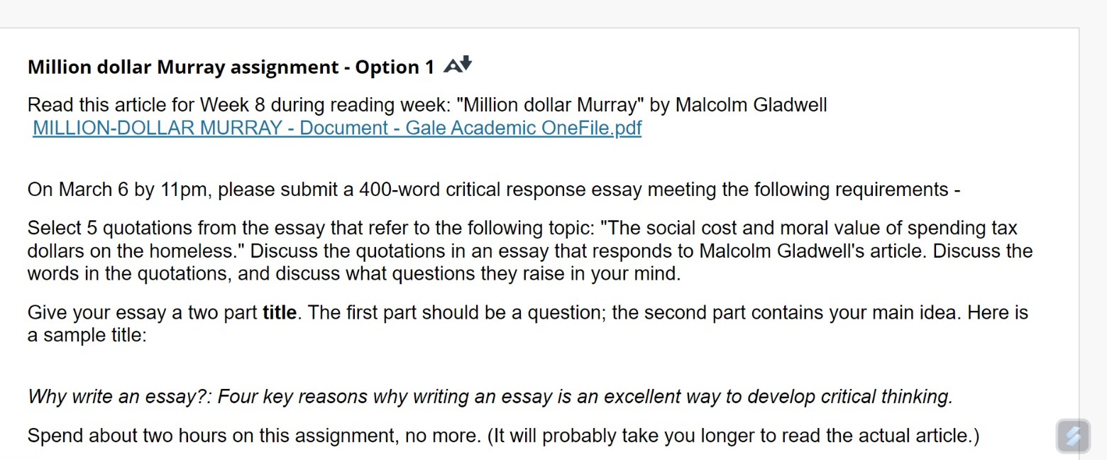 Million dollar Murray assignment - Option 1 A' Read this article