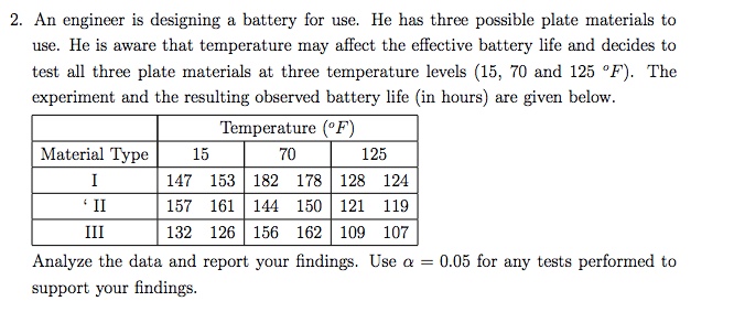 2. An engineer is designing a battery for use. He has
