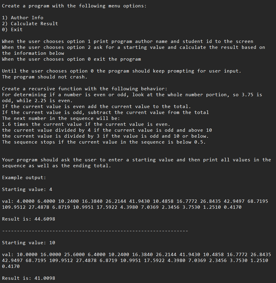 Create a program with the following menu options: 1) Author Info