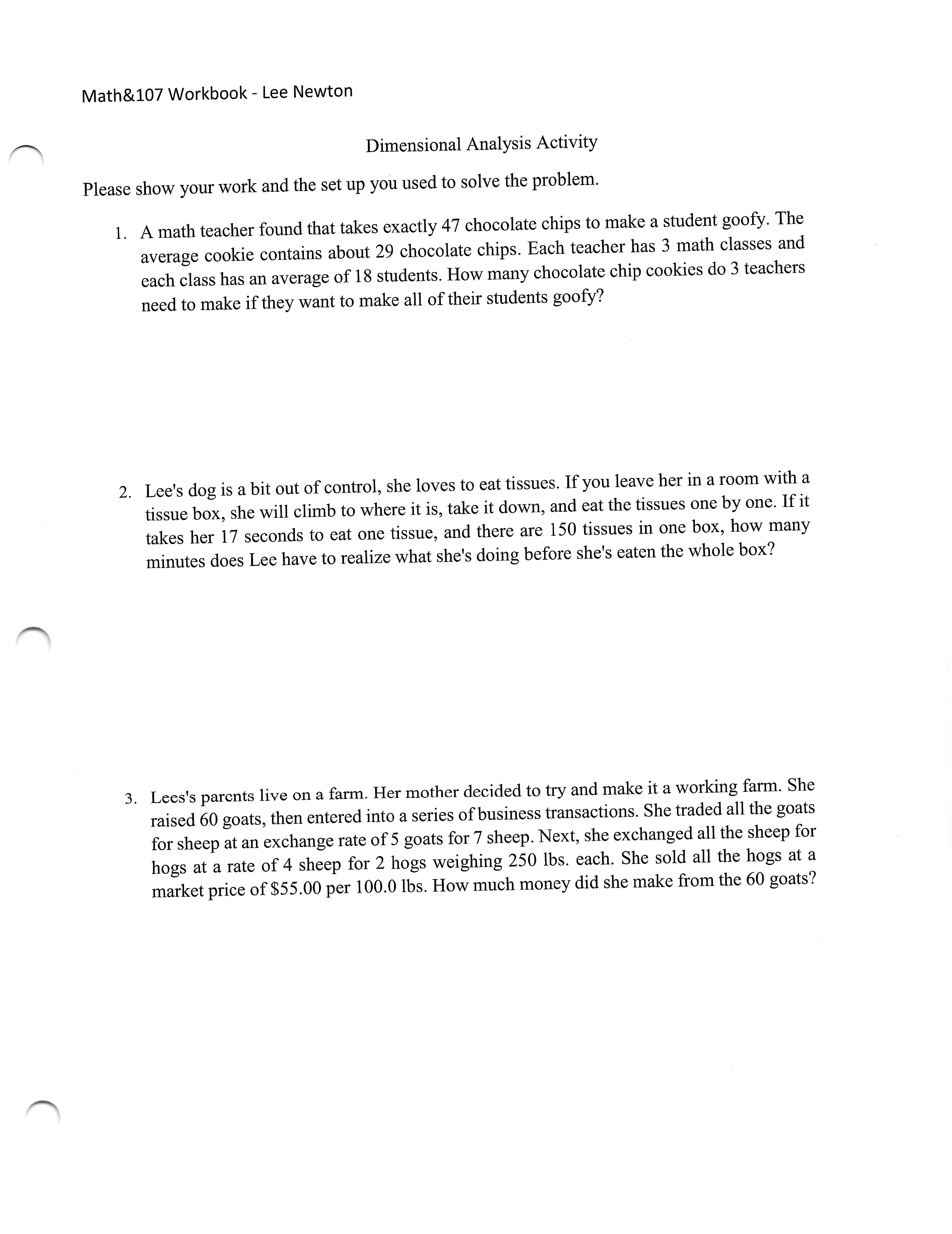  Math&107 Workbook Lee Newton Dimensional Analysis Activity Please show your work