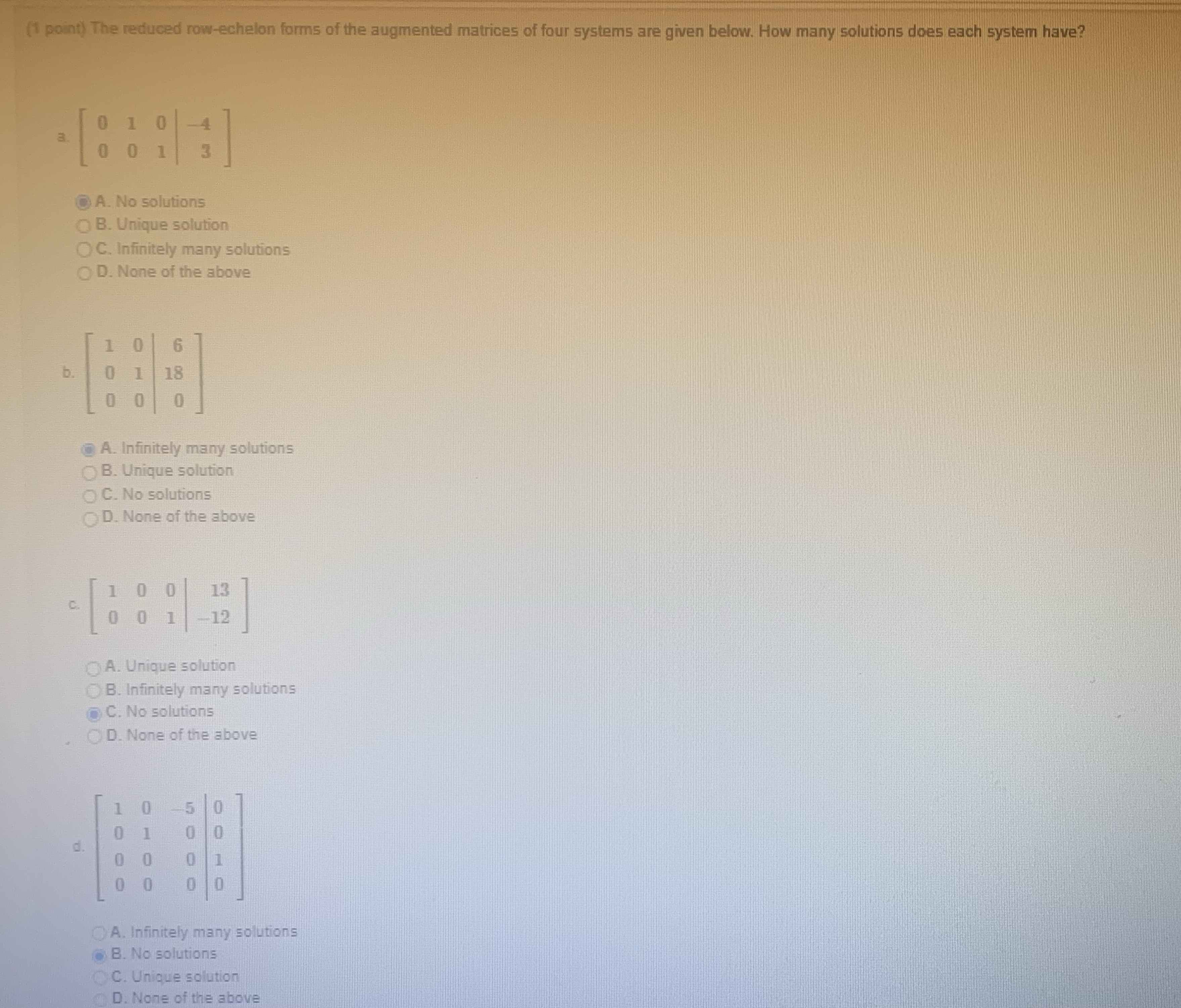 Please help me answer the following question about linear algebra (1 point)