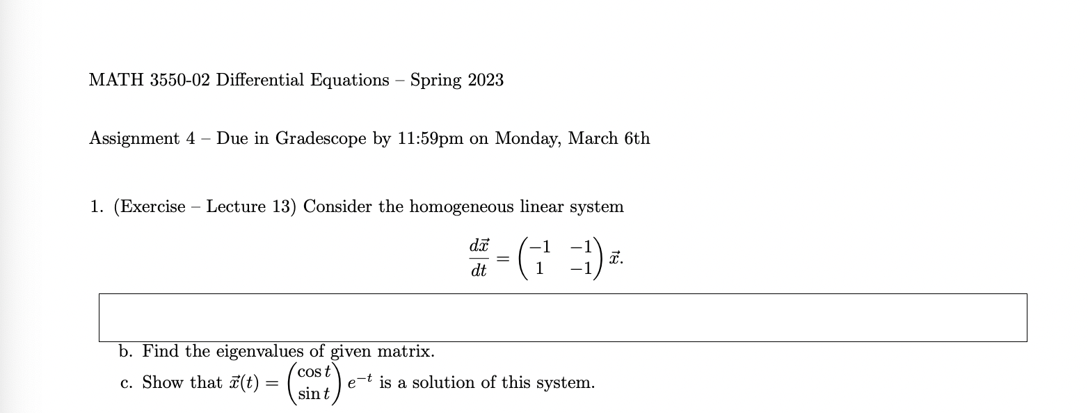  MATH 3550-02 Differential Equations - Spring 2023 Assignment 4 - Due