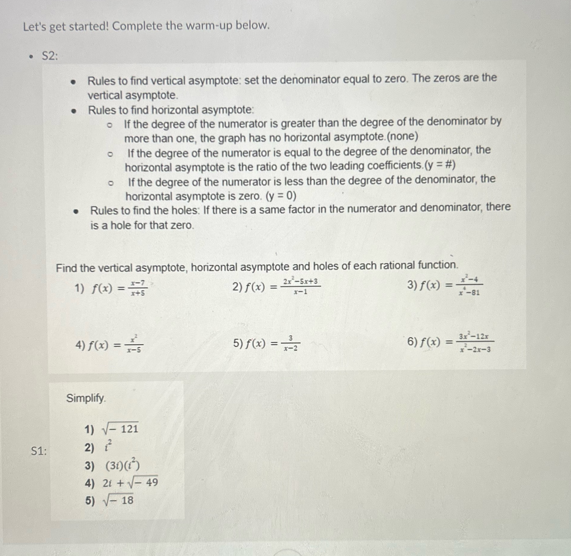  Let's get started! Complete the warm-up below. . S2: . Rules