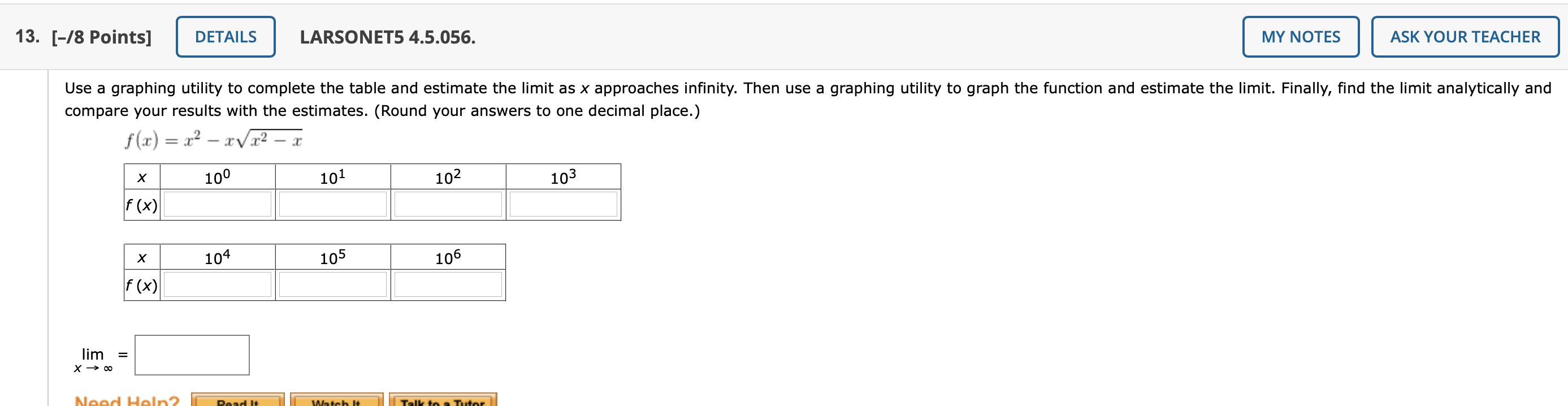 Please help with this calculus question 13. [-/8 Points] DETAILS LARSONET5 4.5.056.