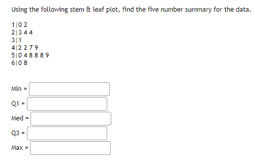  Using the following stem & leaf plot, find the five number