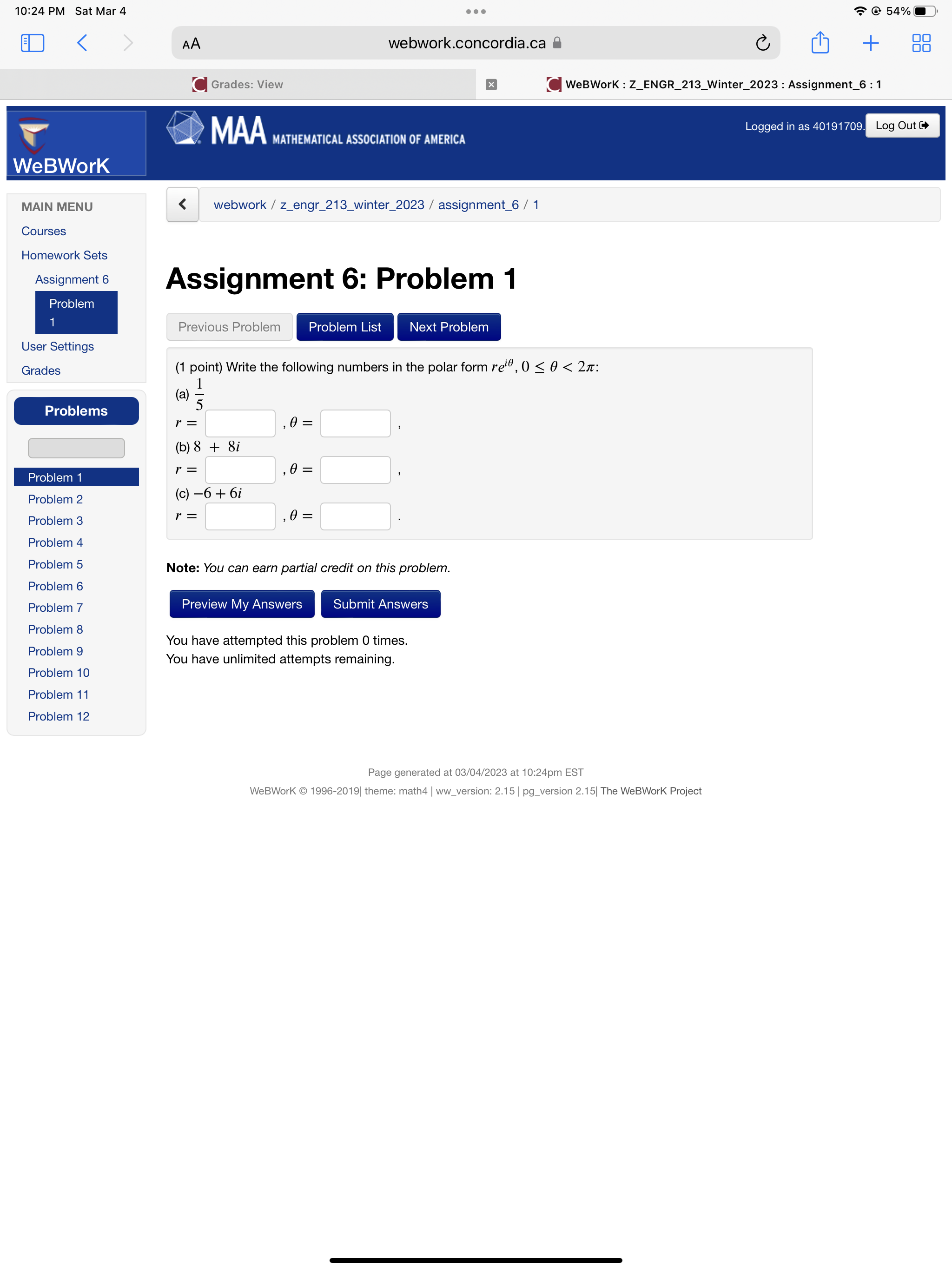  10:24 PM Sat Mar 4 . . . @ 54%