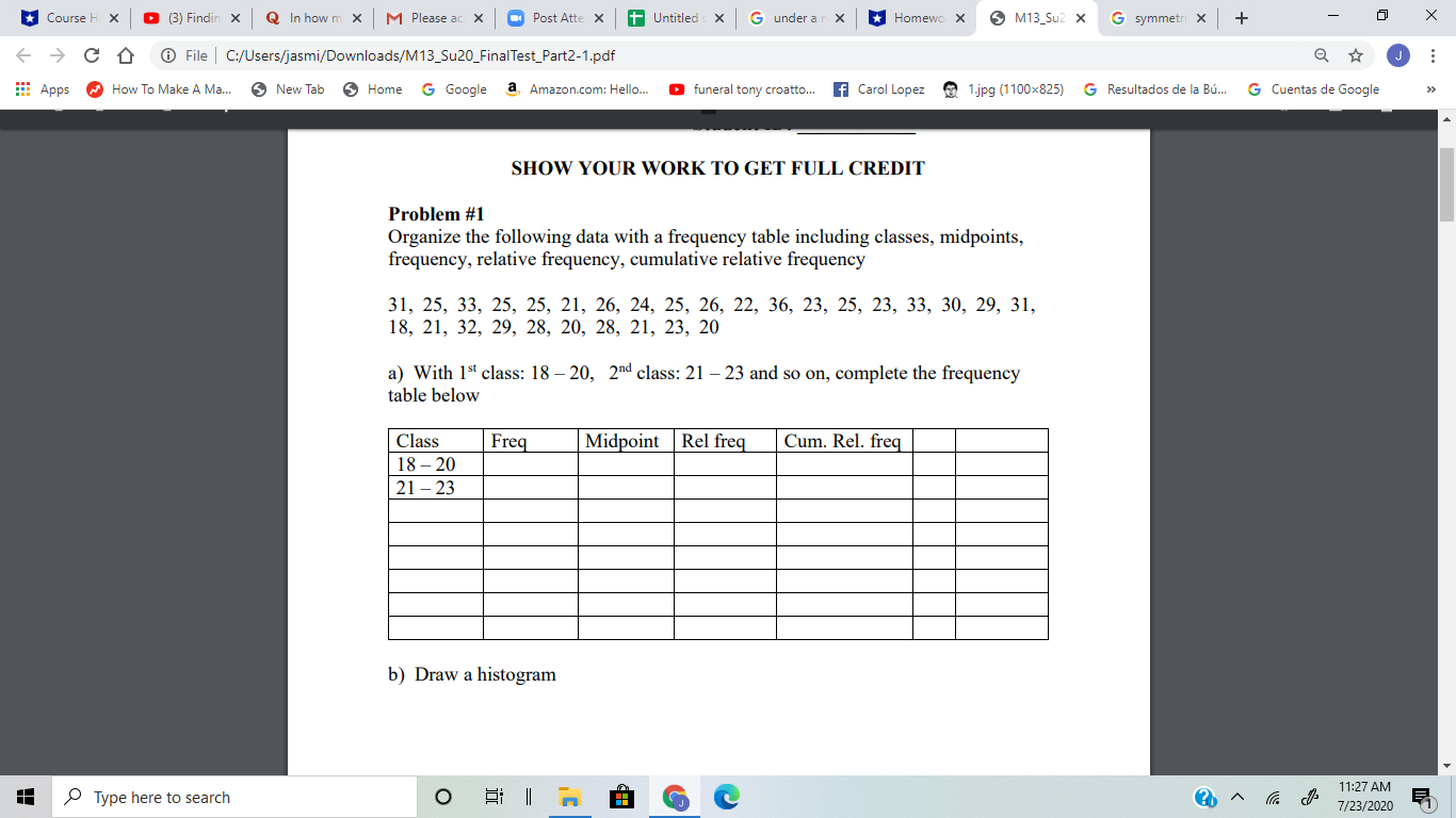 Organize the following data with a frequency table including classes, midpoints, frequency,