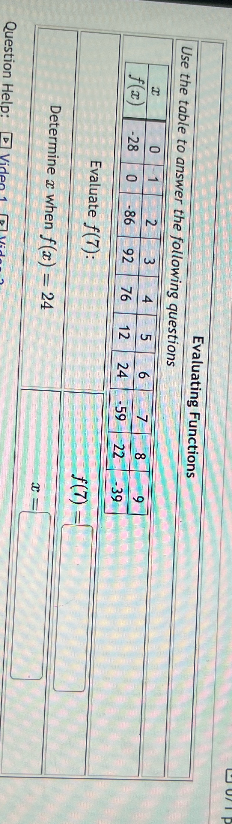 Evaluating Functions Use the table to answer the following questions 83