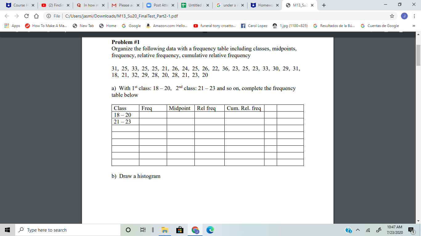 Organize the following data with a frequency table including classes, midpoints, frequency,