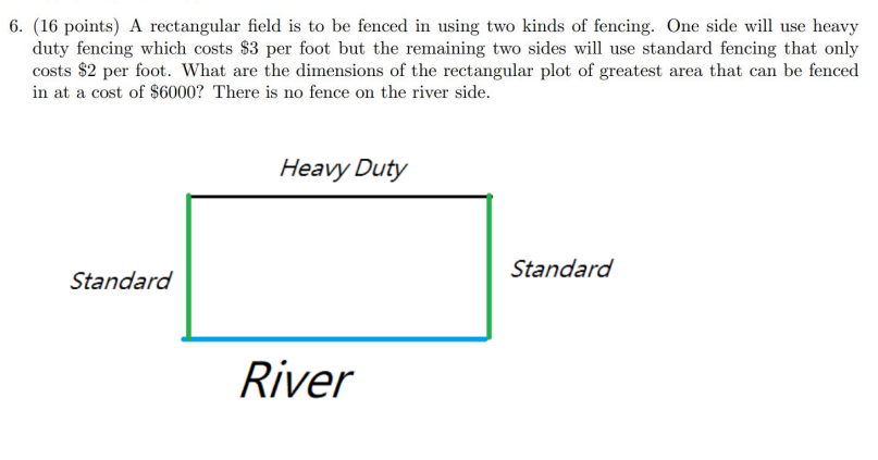 6. (16 points) A rectangular field is to be fenced in