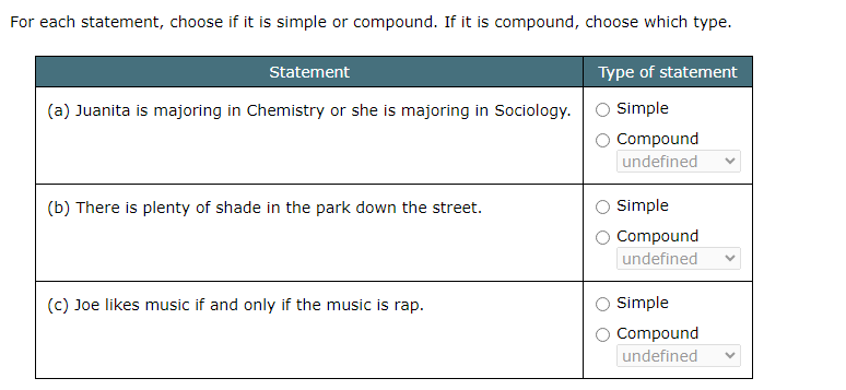 For each statement, choose if it is simple or compound. If