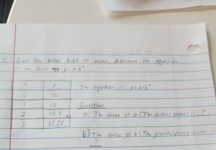  16)| Given the below table or values, determine the equation the
