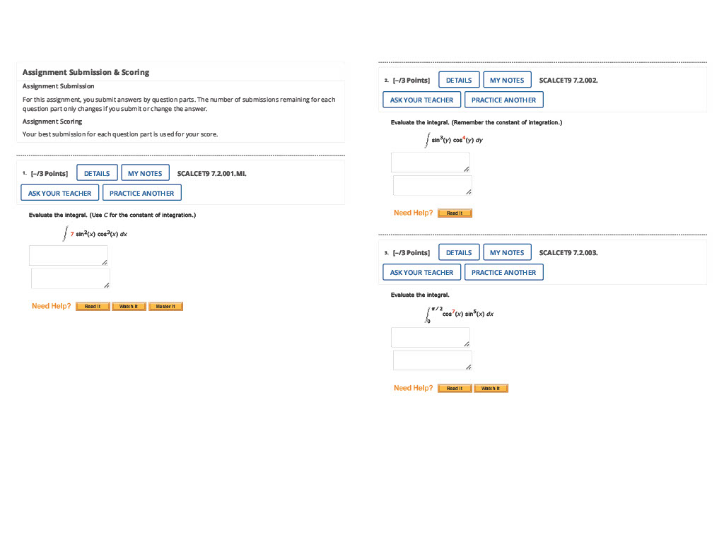 Assignment Submission & Scoring 2. [-/3 Points] DETAILS MY NOTES SCALCET9