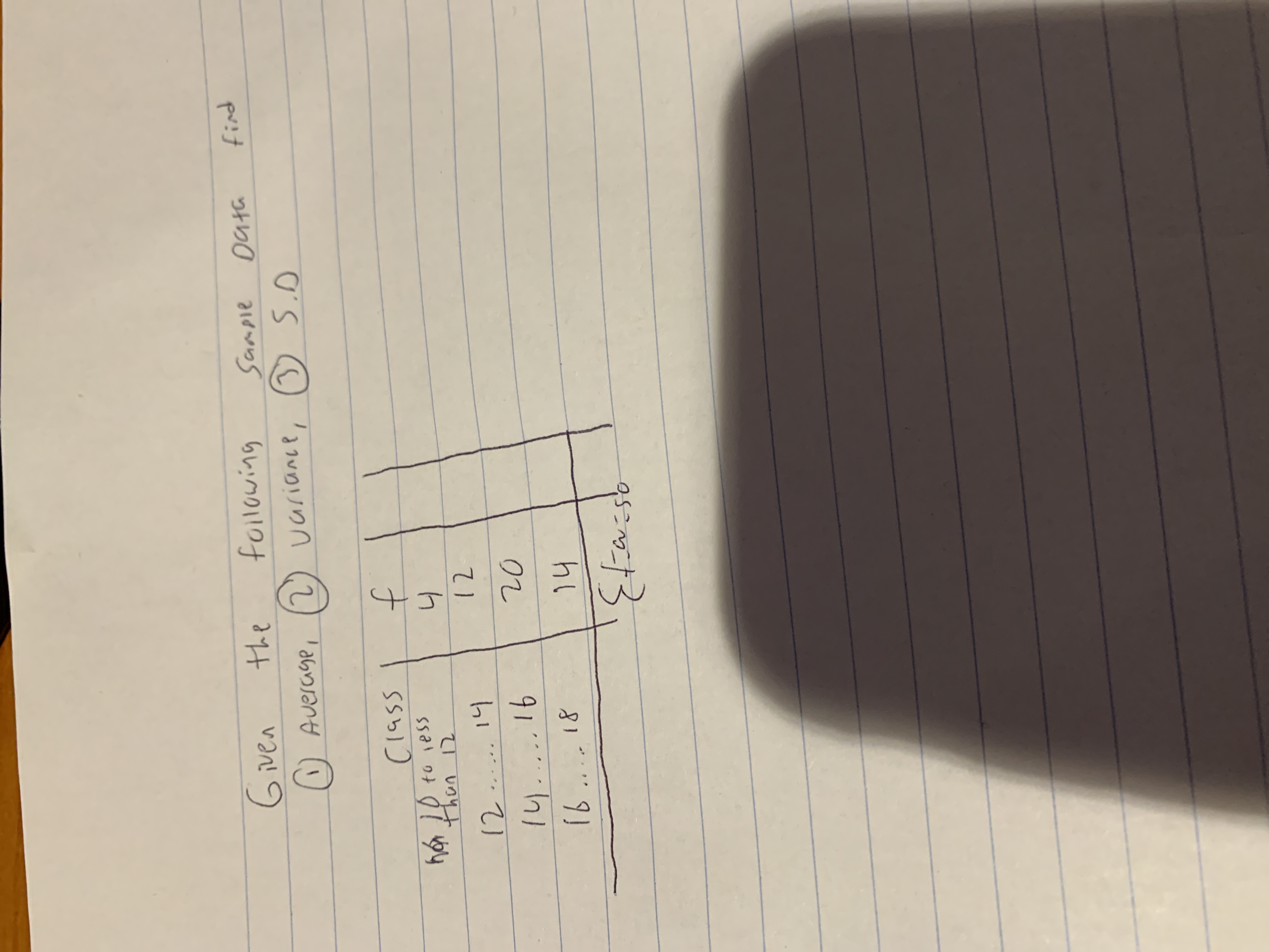  Given the following Average, Sample Data find 2 ) variance, (3)