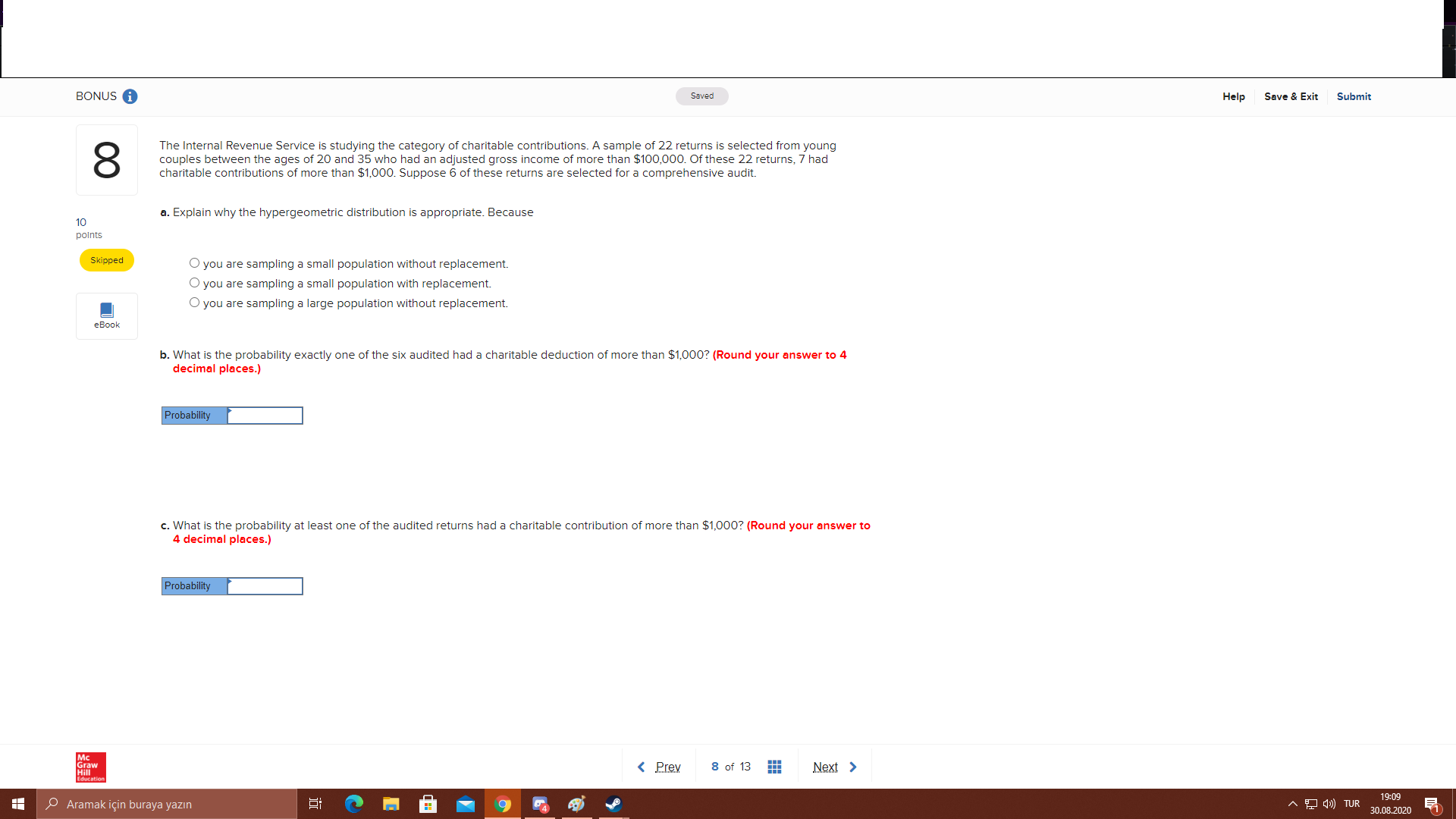 questions statistic BONUS i Saved Help Save & Exit Submit 8 The