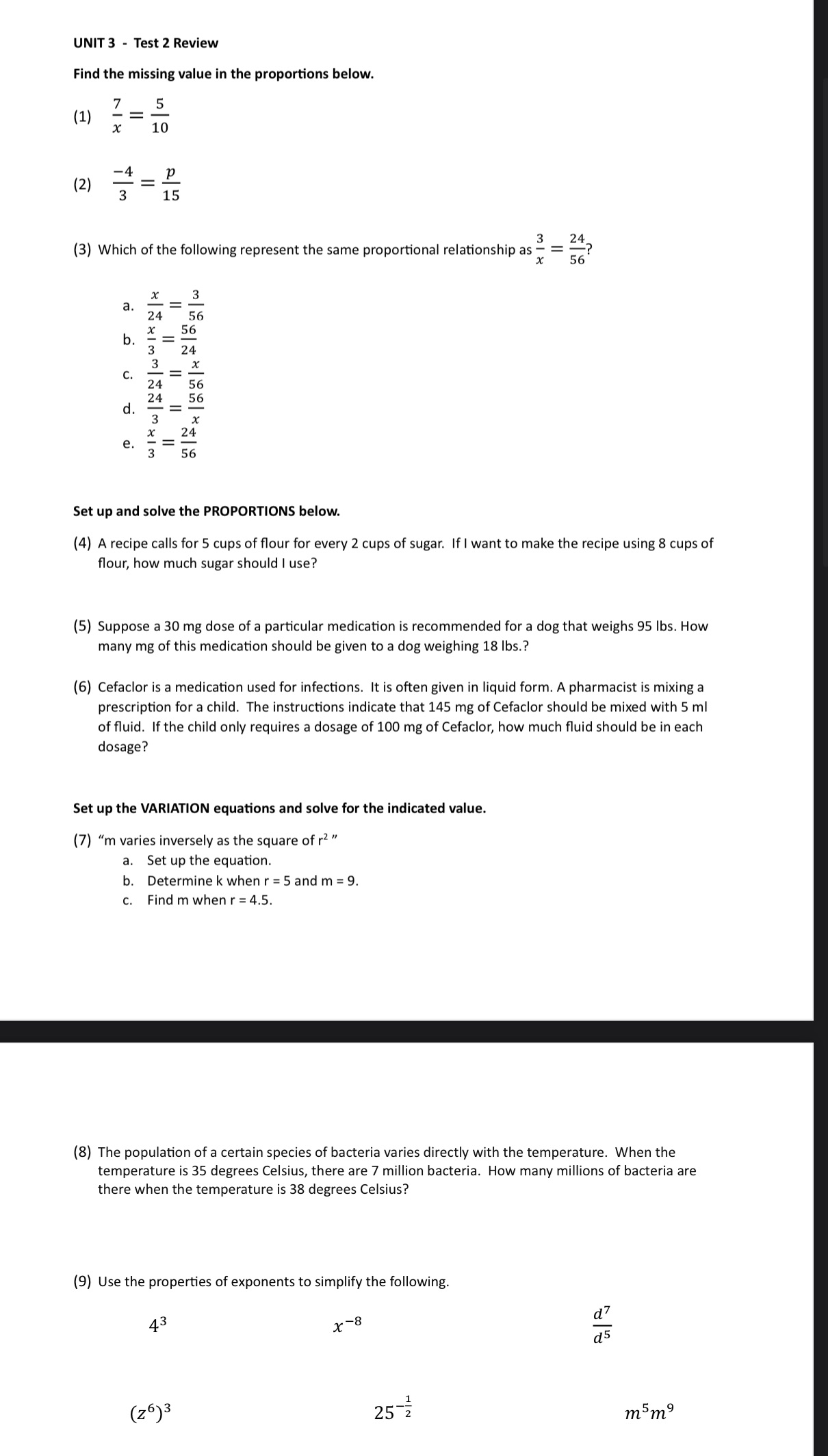 I need help with questions 1-9 UNIT 3 - Test 2 Review