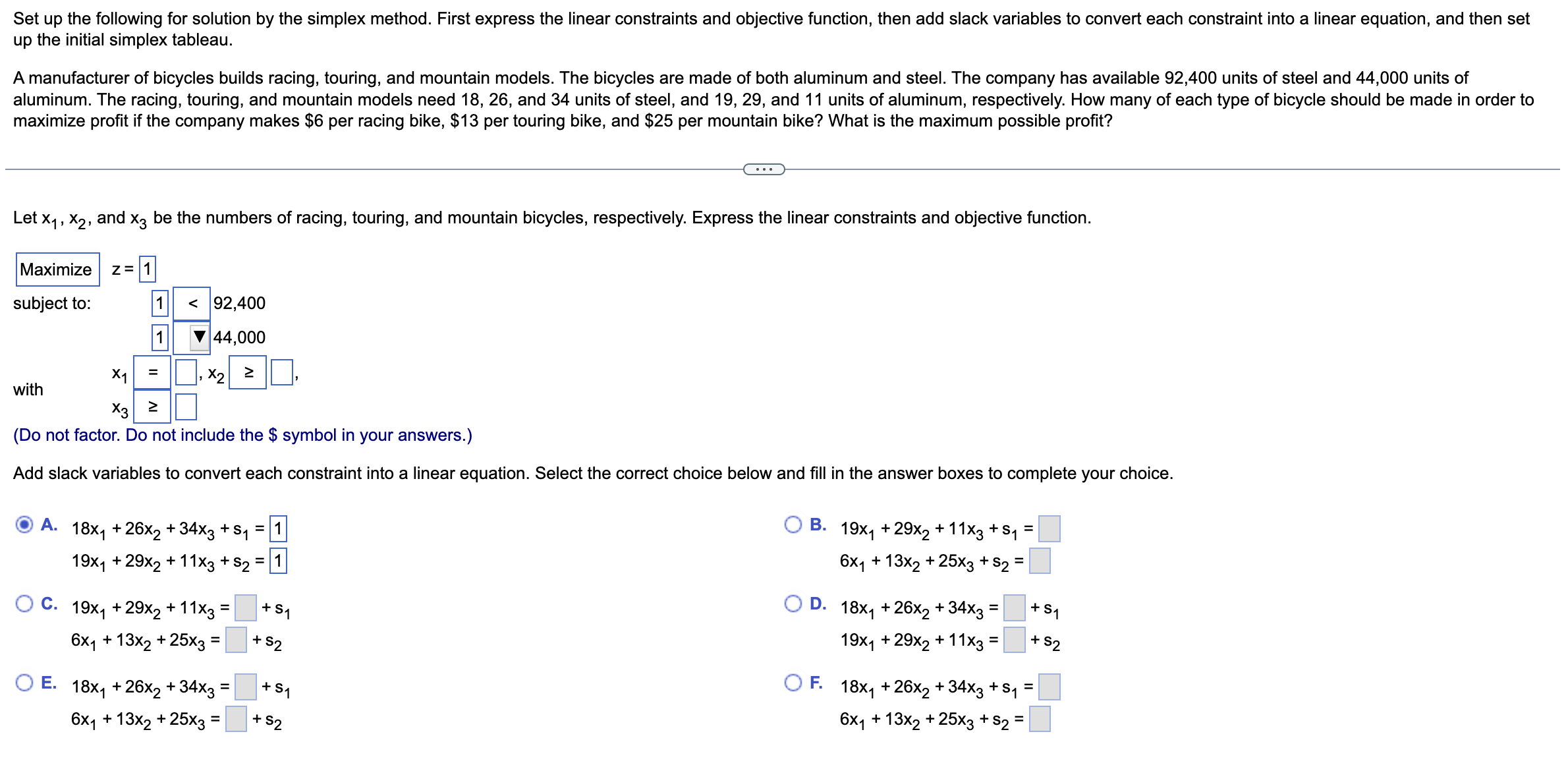 = 10x1 + 15x2 problem. subject to: 12x1 + 3x2 5 42