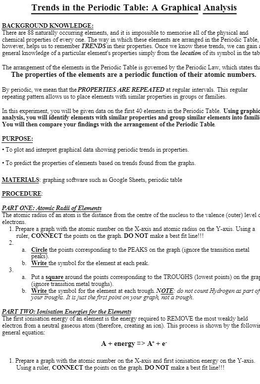  Trends in the Periodic Table: A Graphical Analysis BACKGROUND KNOWLEDGE: There